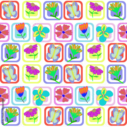 Colorful floral seamless pattern illustration set. Vintage style flower frame background design collection. Geometric natural wallpaper print, spring season nature backdrop Cute floral simple doodle 