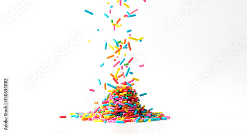 Fototapeta Naklejka Na Ścianę i Meble -  olorful Rainbow Sprinkles Falling on White – Fun Candy Topping for Cakes, Ice Cream, and Party Treats