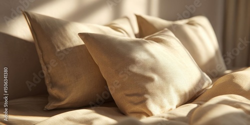 Close-Up of Soft Beige Pillows on Bed with Cozy Atmosphere and Sunlight Shadows