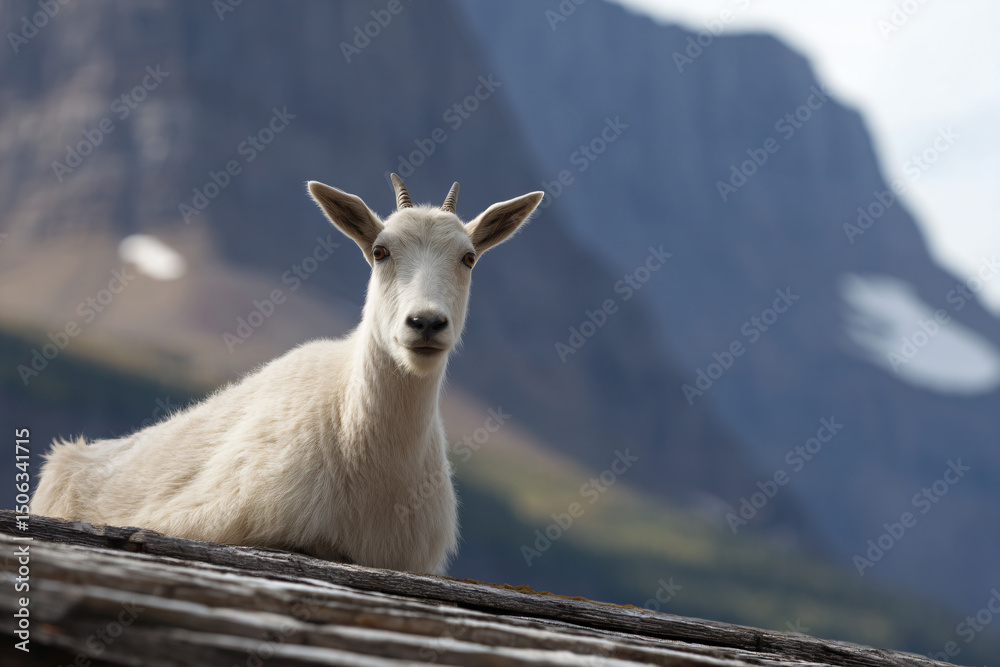 Obraz premium a goat is standing on a roof in front of a mountain
