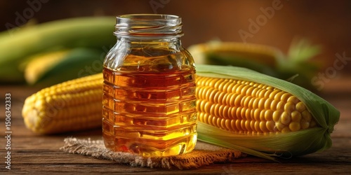 Rustic Glass Jar of Golden Corn Syrup with Fresh Corn on Wooden Table