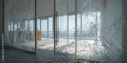 Shattered Glass Door in Modern Office Scene with Security Documentation