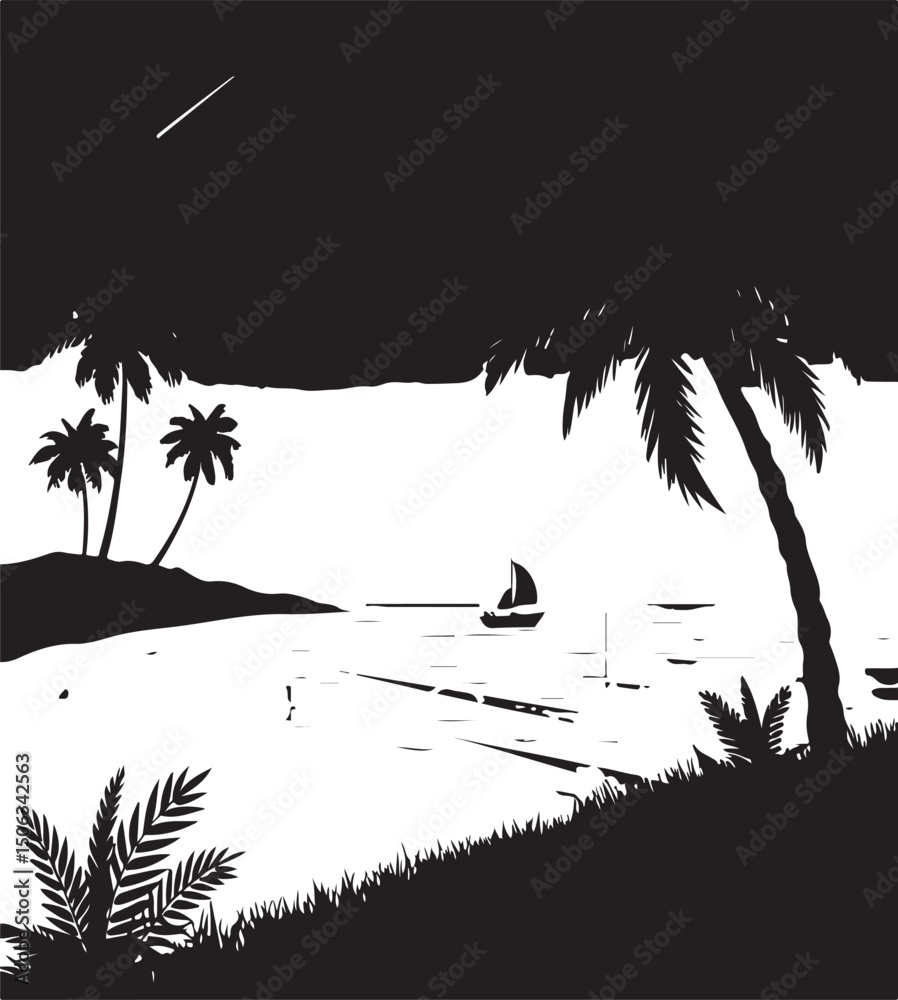 Tropical palm trees silhouetted by the sunset on a beach create a summer island paradise illustration