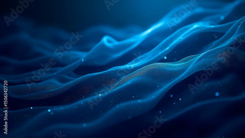 Abstract waves of blue light with dark blue and silver particles. They are elegantly intertwined on a dark background.