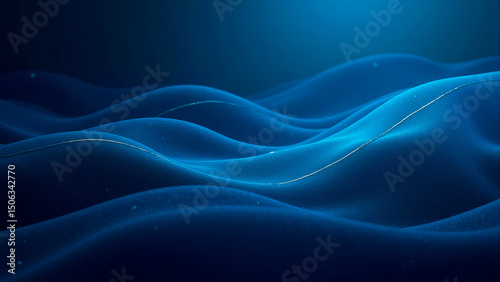 Abstract waves of blue light with dark blue and silver particles. They are elegantly intertwined on a dark background.