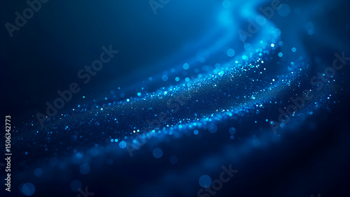 Abstract waves of blue light with dark blue and silver particles. They are elegantly intertwined on a dark background.