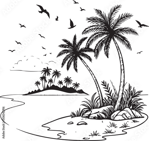 Tropical vector illustration of palm trees on a summer beach with a sunset sky