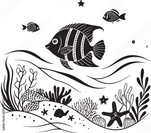 Seamless marine life pattern of fish swimming in the ocean water
