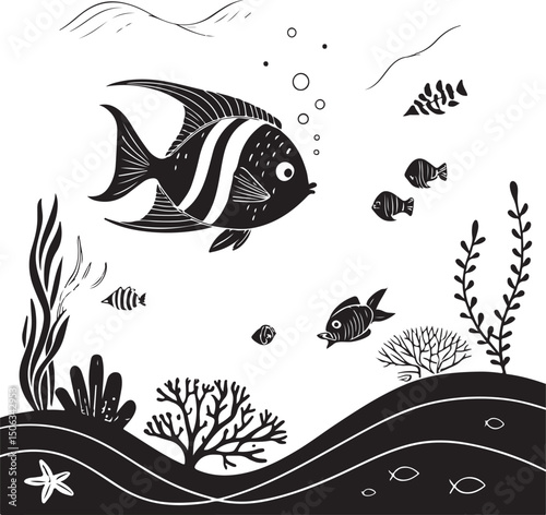 Seamless marine life illustration of a set of tropical fish in the ocean