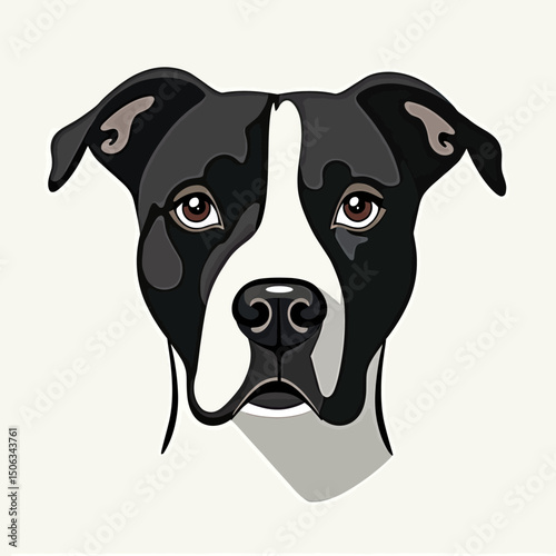 Realistic vector illustration of a black and white pitbull dog face with expressive eyes, ideal for pet branding, veterinary visuals, dog lover merchandise, rescue shelter design, and breed-specific c