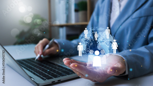 Fototapeta Naklejka Na Ścianę i Meble -  Customer Relationship Management (CRM), Businessman use tablet with global structure customer network technology, Data exchanges development. human resources, social media. digital marketing online.