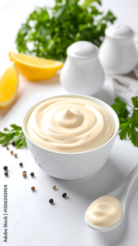 Creamy Homemade Mayonnaise Bowl with Lemon with Herbs, and and Spices Delicious food. Creamy Homemade Mayonnaise Bowl with Lemon with Herbs, and and Spices Delicious food.