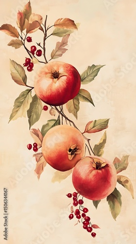 Painted Red Apples Arrangement with Berries and Foliage Against a Beige Background