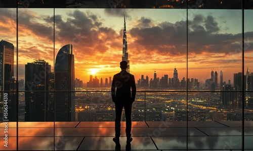 Urban sunset skyline view from a modern building