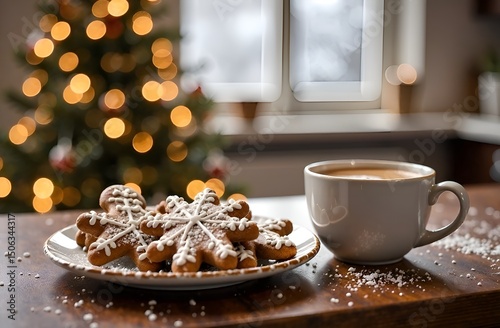 Cup of hot coffee with gingerbread on Christmas morning. Delicious strong coffee with dessert in the interior of a bright kitchen for the New Year holidays