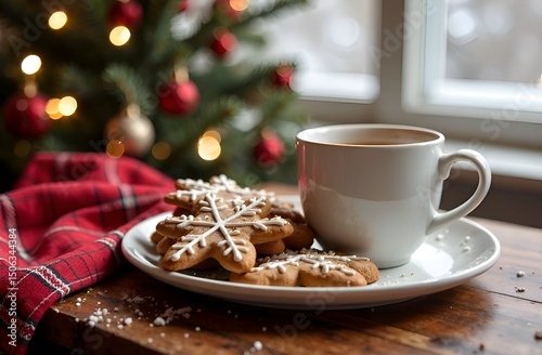 Cup of hot coffee with gingerbread on Christmas morning. Delicious strong coffee with dessert in the interior of a bright kitchen for the New Year holidays