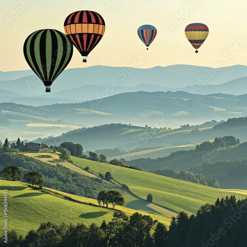 Colorful hot air balloons fly over a green mountain landscape under a summer sky