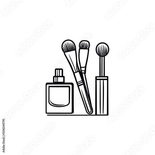 Simple line art shows brushes and a perfume bottle on a white background