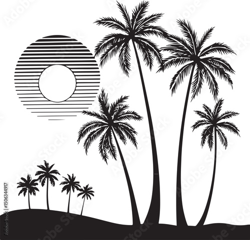 Tropical summer beach vacation with palm tree silhouettes