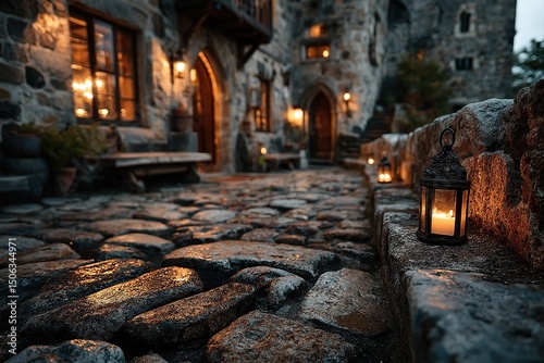 Cobblestone path with castle at dusk.