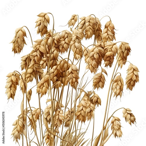 Dried golden wheat stalks with mature seed heads arranged on a white background for harvest, agriculture, and rural themed still life photography