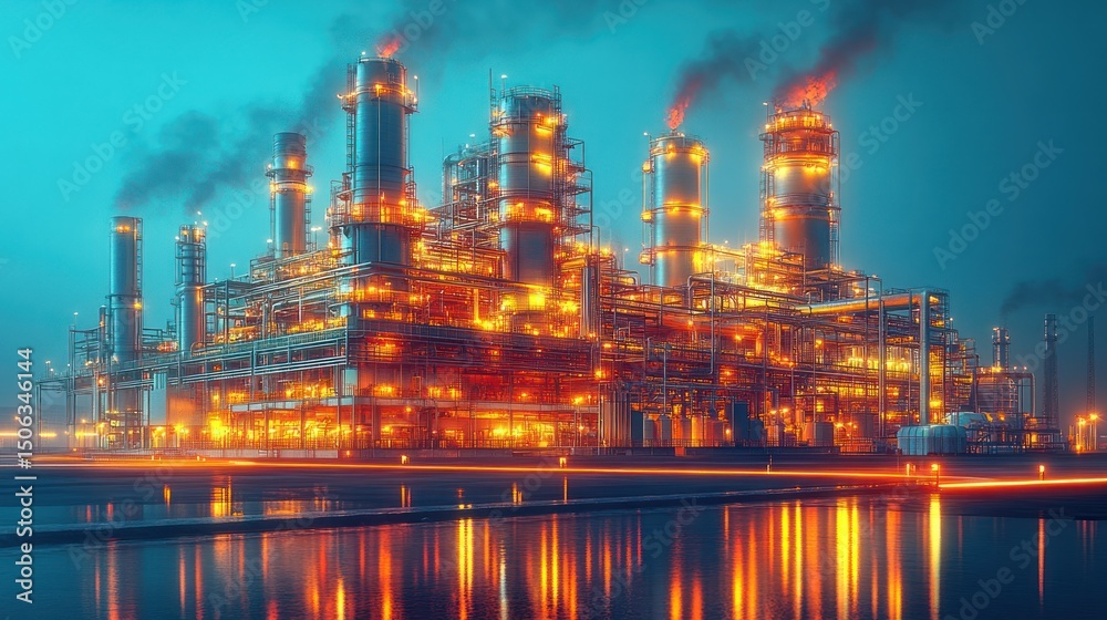 Fototapeta premium Night View of an Illuminated Oil Refinery Complex
