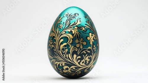  An elegantly designed Easter egg with a vibrant floral motif in shades of deep blue, emerald green, and gold.


