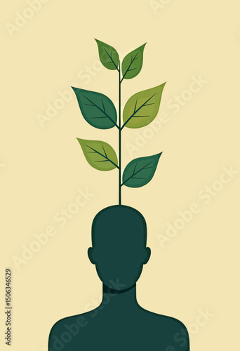 A symbolic flat illustration showing a plant-like figure sprouting from a human shadow, representing healing, emotional growth, and inner transformation in a minimalist poetic design

