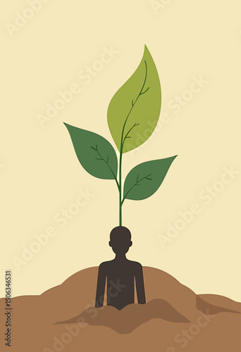 Flat artistic illustration depicting a human shadow giving rise to a flourishing plant form, metaphor for personal healing, emotional recovery, and self-discovery through darkness
