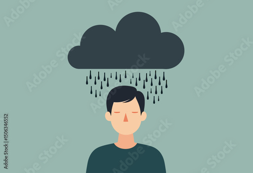 Conceptual flat design of a person with a rain cloud hovering inside their mind, metaphor for depression, internal struggle, and invisible pain in emotional wellness discussions
