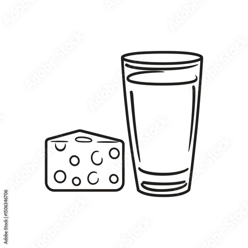 Simple line drawing shows a glass of milk beside a piece of cheese
