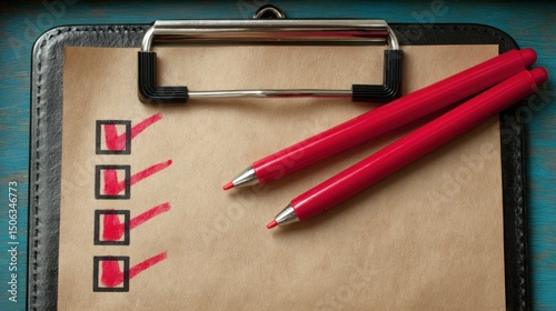 Clipboard with pen and checklist document representing internal audit file for comprehensive review and organization