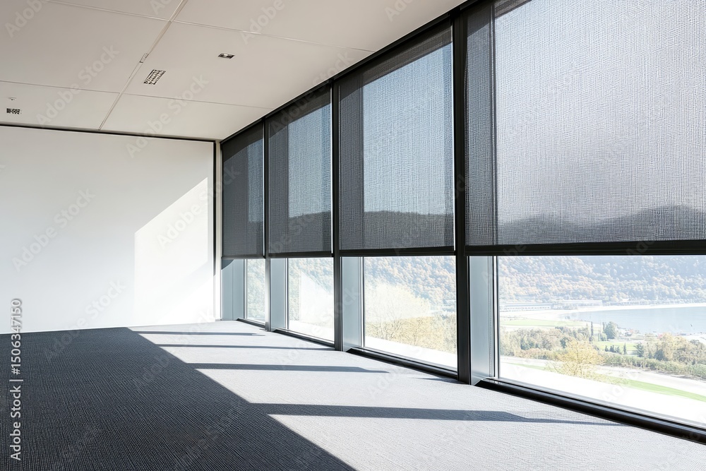 Obraz premium Empty office space with large windows overlooking a landscape