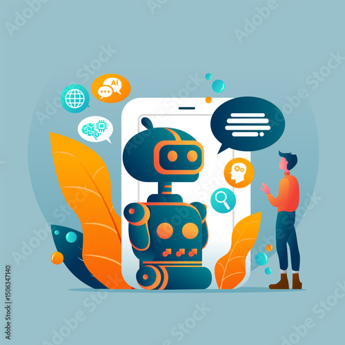 Robot AI Assistant Virtual Service Chat GPT Talk With Person Illustration