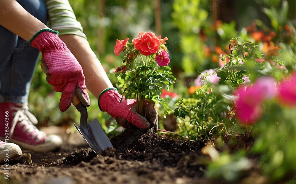 Fototapeta premium A woman planting flowers in her garden, wearing gardening gloves and holding a trowel with dirt on it.