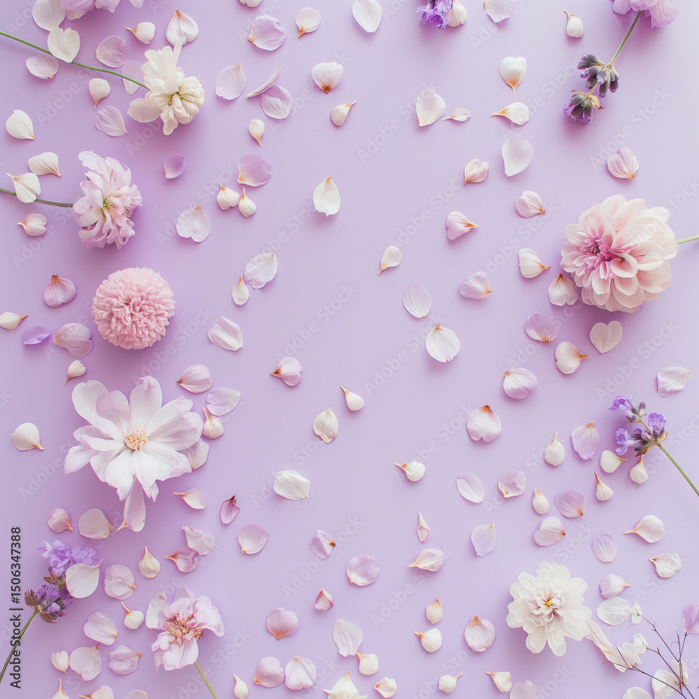 flat lay of scattered petals and blossoms on soft lavender backdrop, elegant style flat lay of scattered petals and blossoms on soft lavender backdrop, elegant style