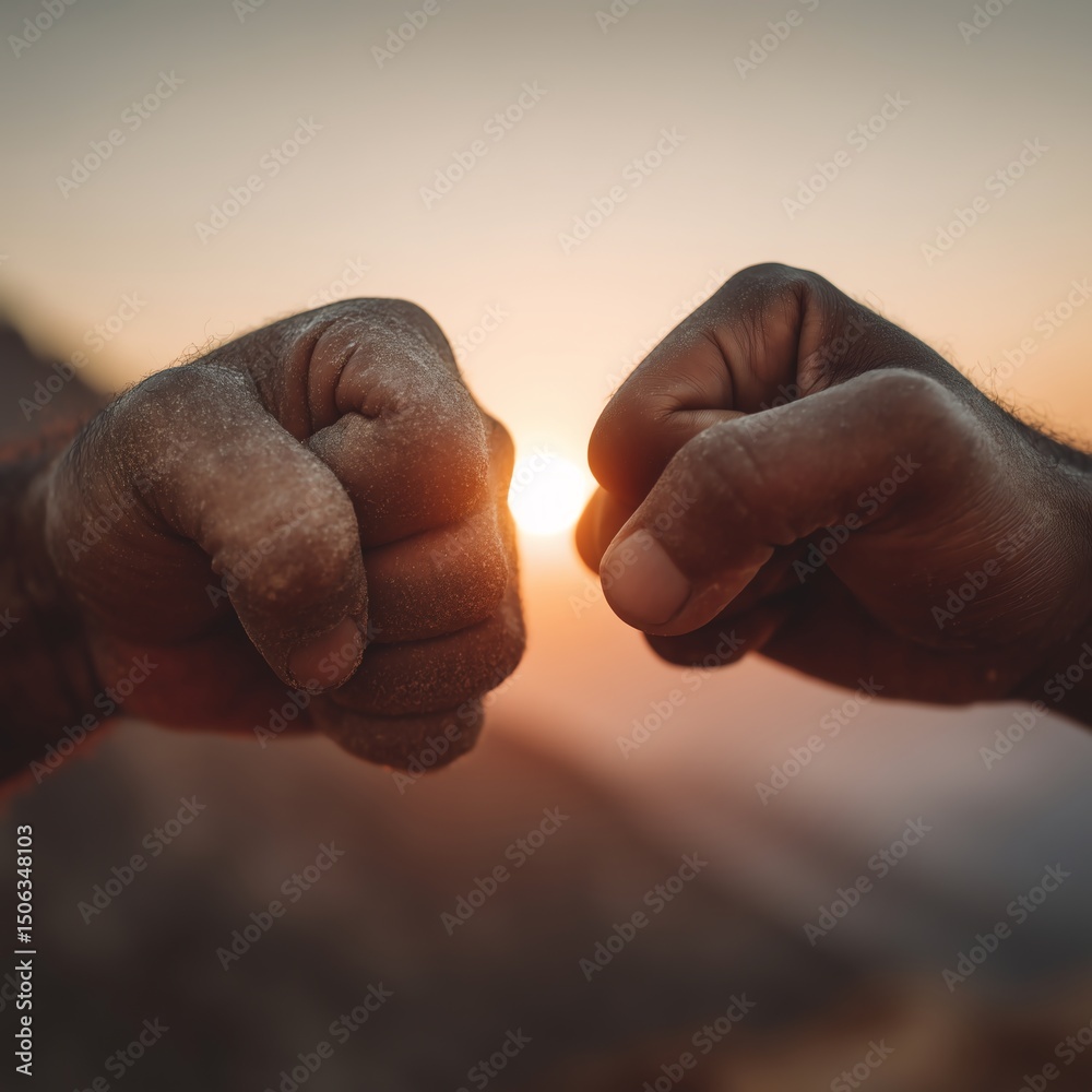 Obraz premium Vintage-Toned Portrait of Two Men Fist Bumping Against Sunrise Mountain Backdrop, Shallow Depth of Field, Copy Space Left, Masculine Bonding, Nature Connection