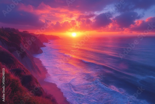 Vibrant sunset over coastal cliffs, ocean waves