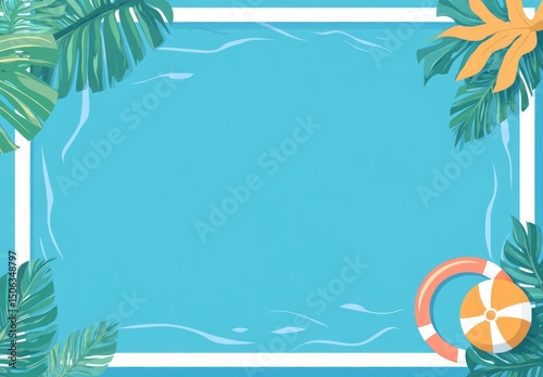 Swimming pool illustration, tropical leaves, vibrant blue water, summer vacation