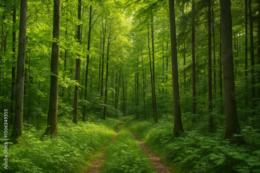 Fototapeta premium Serene Pathway Through Lush Green Forest Surrounded by Tall Trees and Vibrant Foliage in Tranquil Nature Setting