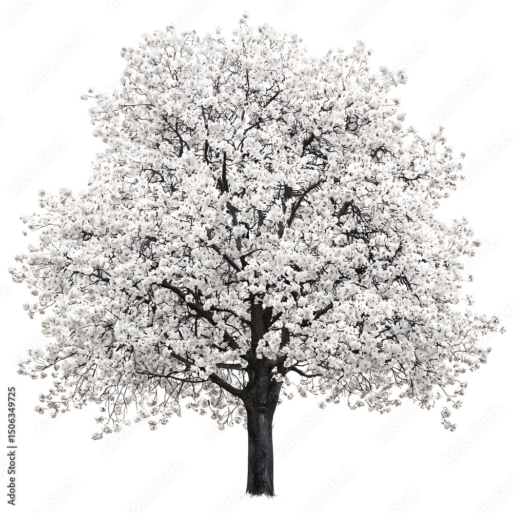 Fototapeta premium Beautiful blooming cherry tree with abundant white flowers on a clear background perfect for sp visuals and nature themes