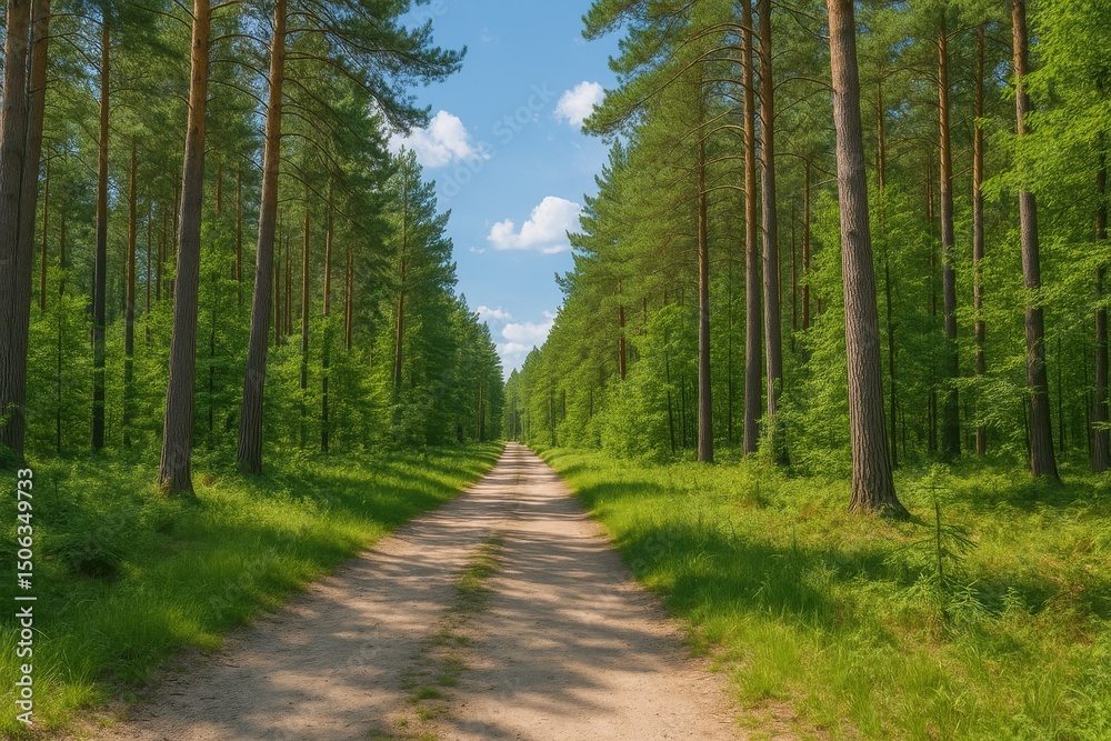 Serene Forest Path Sunlit Dirt Road Through Lush Green Pine Trees on a Sunny Day Serene Forest Path Sunlit Dirt Road Through Lush Green Pine Trees on a Sunny Day