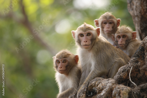 a group of monkeys sitting on top of a tree