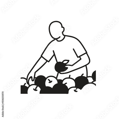 Faceless Person Picking Apples in Autumn – Thick Line Art Harvest Season Vector
