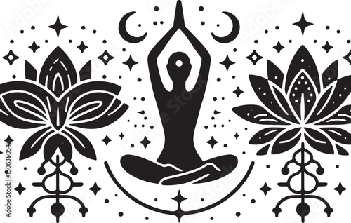 Vector illustration of yoga in the lotus position. Black and white..eps