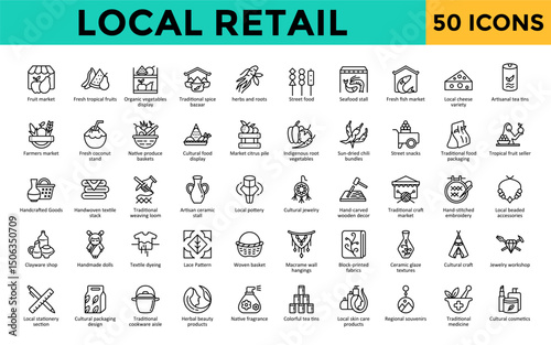 Local Retail icons set with fruit market, fresh tropical fruits, organic vegetables display, traditional spice bazaar, herbs and roots, street food, seafood stall icon. Simple line vector 
