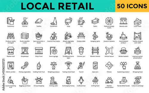 Local Retail icons set with stationery, incense, textiles, condiment, soap, tea, fabric, national design motifs, beauty aisle, local snack icon. Simple line vector 

