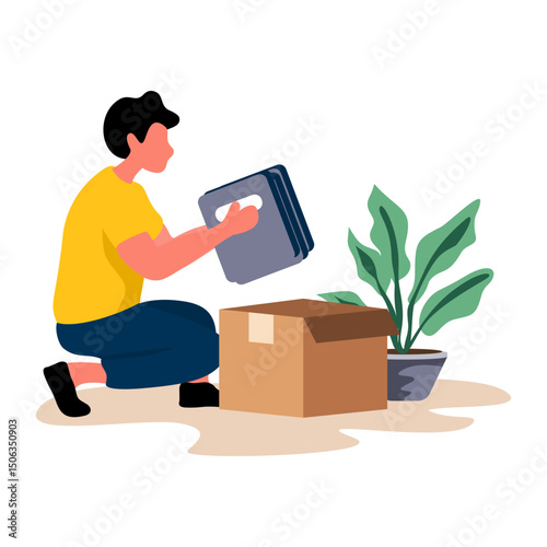 Flat illustration of a person packing a box with a plant, holding a clipboard. Great for UI kits, packing services, inventory management, or moving preparations. Conveys attention to detail in logisti