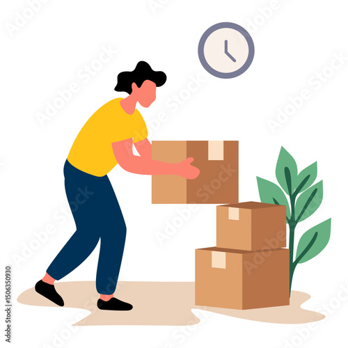 Flat illustration of a person carefully lifting a box. Suitable for UI kits, safe lifting guides, physical labor, or ergonomic advice. Highlights proper handling in moving and logistics.