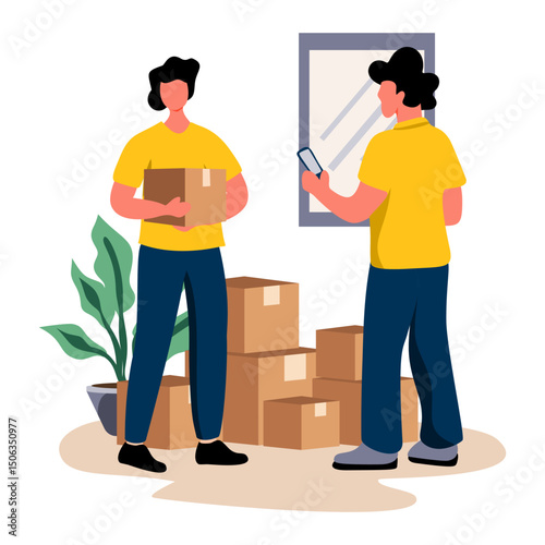 Flat illustration of two people standing with boxes, a mirror, and a plant. Excellent for UI kits, team moving, delivery partnerships, or relocation services. Illustrates collaborative, efficient movi